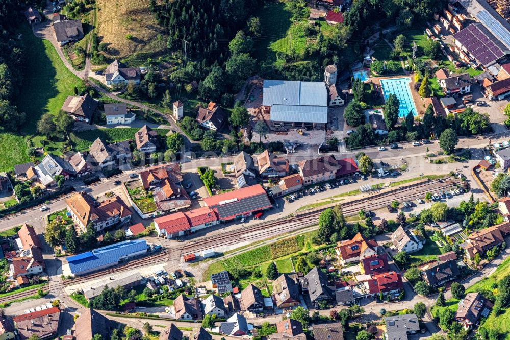 Aerial photograph Oberharmersbach - Train station railway building Endhaltestelle in Oberharmersbach in the state Baden-Wurttemberg, Germany