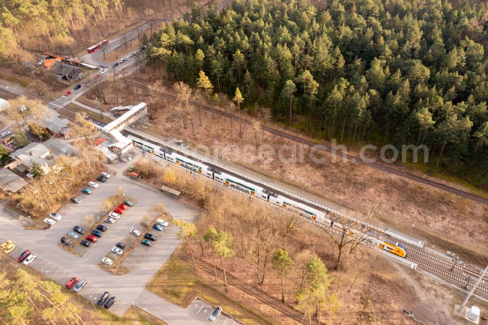 Aerial image Grünheide (Mark) - Train station railway building Fangschleuse in Gruenheide (Mark) in the state Brandenburg, Germany