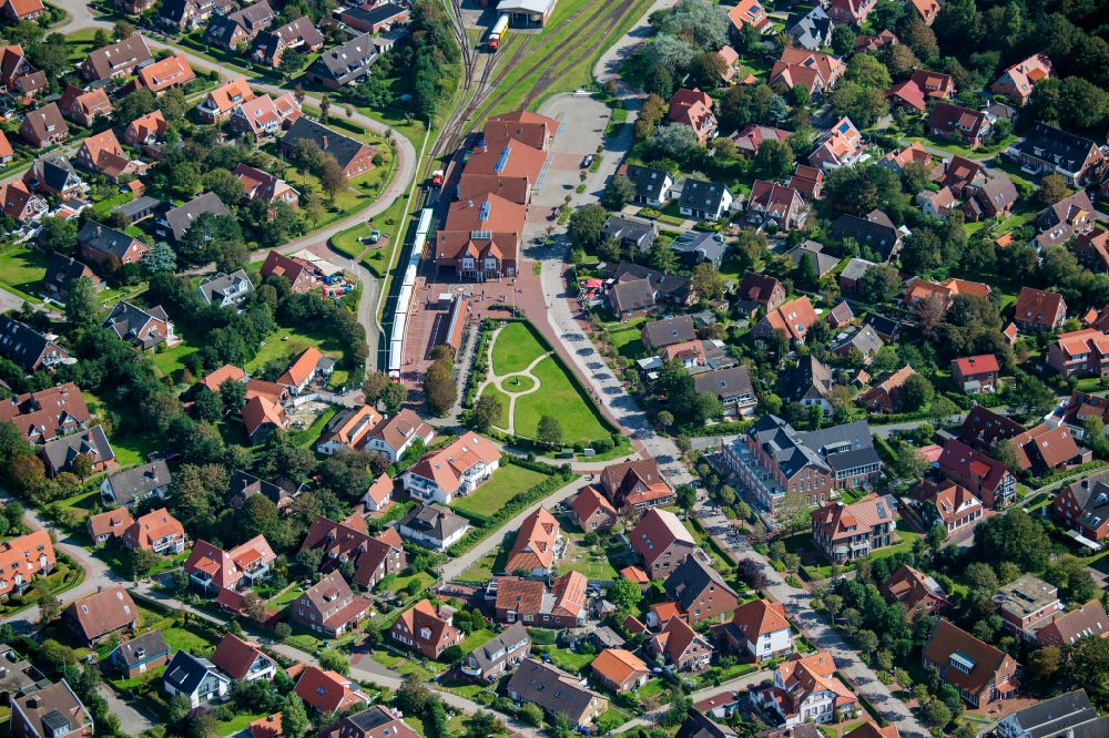 Aerial image Langeoog - Train station railway building on Inselbahnhof Langeoog in Langeoog in the state Lower Saxony, Germany