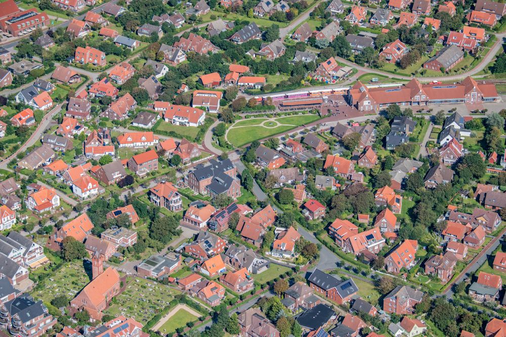 Aerial photograph Langeoog - Train station railway building on Inselbahnhof Langeoog in Langeoog in the state Lower Saxony, Germany