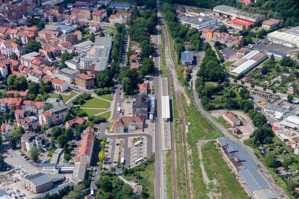Mühlhausen from the bird's eye view: Train station railway building in Muehlhausen in the state Thuringia, Germany