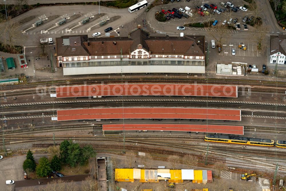 Aerial image Rastatt - Train station railway building in Rastatt in the state Baden-Wuerttemberg, Germany