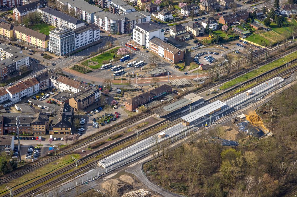 Dinslaken from above - Train station railway building with tunnel work in Dinslaken at Ruhrgebiet in the state North Rhine-Westphalia, Germany
