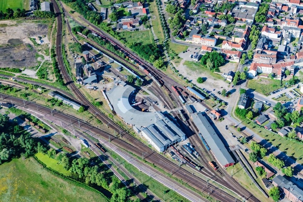 Wittenberge from the bird's eye view: Train station railway building in Wittenberge in the state Brandenburg, Germany