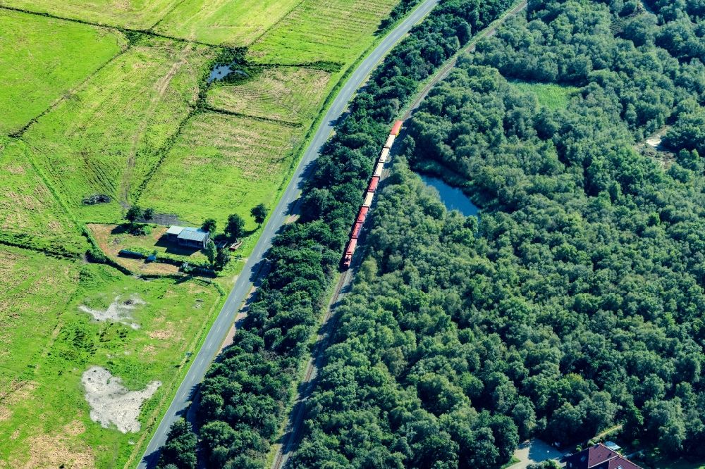 Aerial image Borkum - Track layout and train of the Insel Bahn on Borkum in the state Lower Saxony, Germany