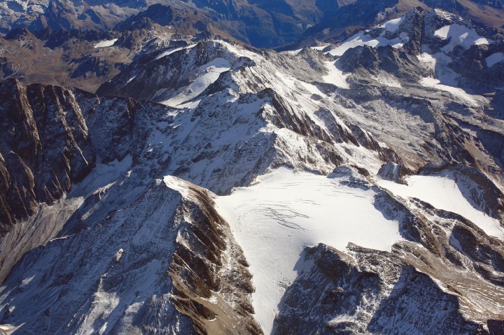Binn from above - Glacier Rappegletscher and Rappehorn in the rock and mountain landscape in Wallis, Switzerland. The Rappeglacier is also suffering glacial melting because of the climate change