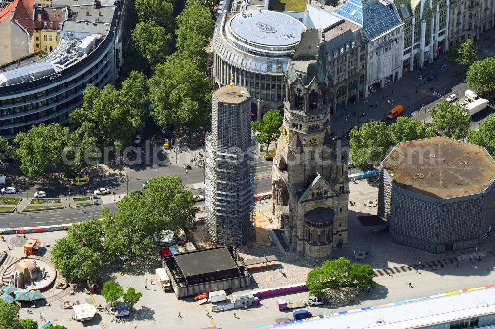 Berlin from above - The Protestant Kaiser William Memorial Church (colloquially known Memorial Church and in Berlin dialect called Hollow Tooth) is located at Breitscheidplatz between the Kurfuerstendamm, the Tauentzienstrasse and the Budapest street in Berlin's Charlottenburg district