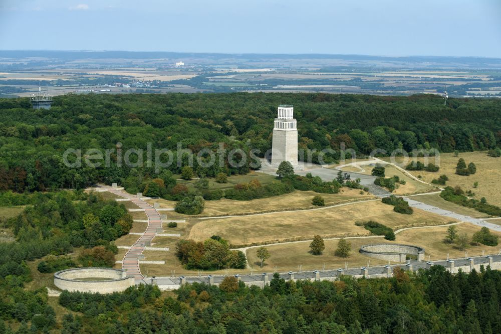 Weimar from above - Tourist attraction of the historic monument Nationale Mahn- and Gedenkstaette of DDR Buchenwald in the district Ettersberg in Weimar in the state Thuringia, Germany
