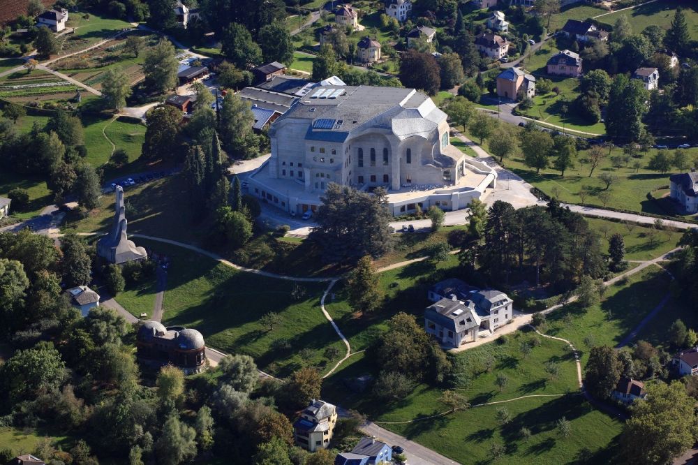Dornach from the bird's eye view: The Goetheanum in Dornach, Switzerland in the canton of Solothurn is the headquarters of the Anthroposophical Society and the School of Spiritual Science