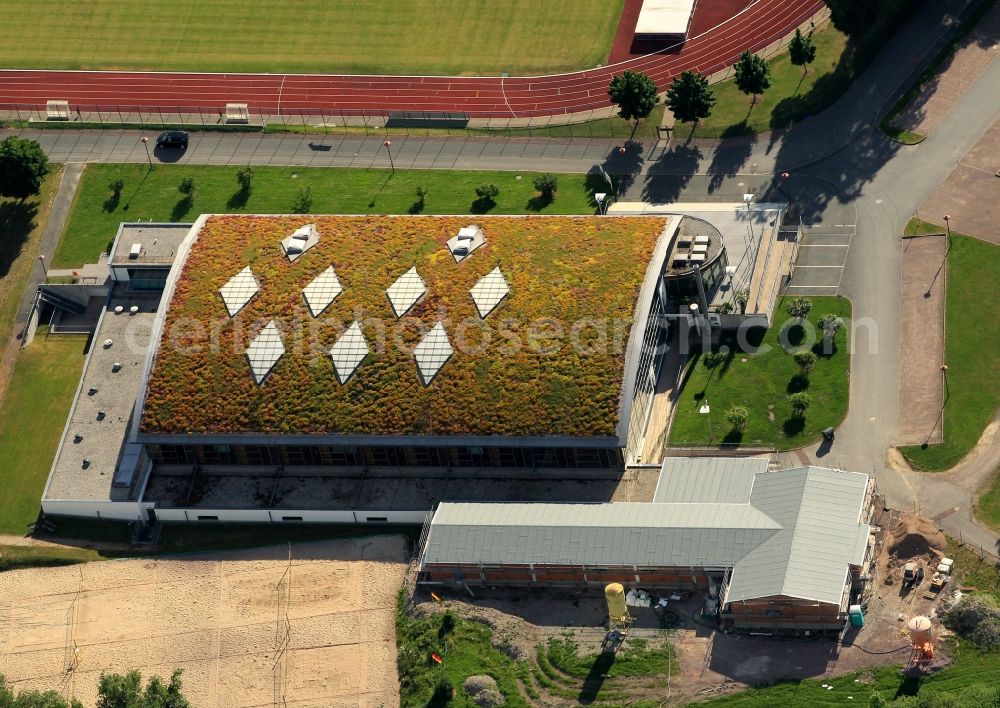 Ohrdruf from the bird's eye view: The Goldberg hall at the Ludwig-Jahn-Stadion is a sports hall at the Ludwig-Jahn-Strasse in Ohrdruf in Thuringia. The multi-purpose hall can be used for school, club and recreational sports Cultural and sports events