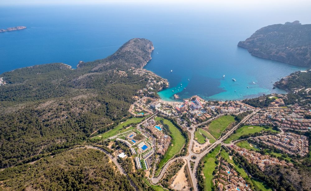 Camp de Mar from the bird's eye view: Grounds of the Golf course at on street Urbanizacion Porto de Mar in Camp de Mar in Balearic island of Mallorca, Spain