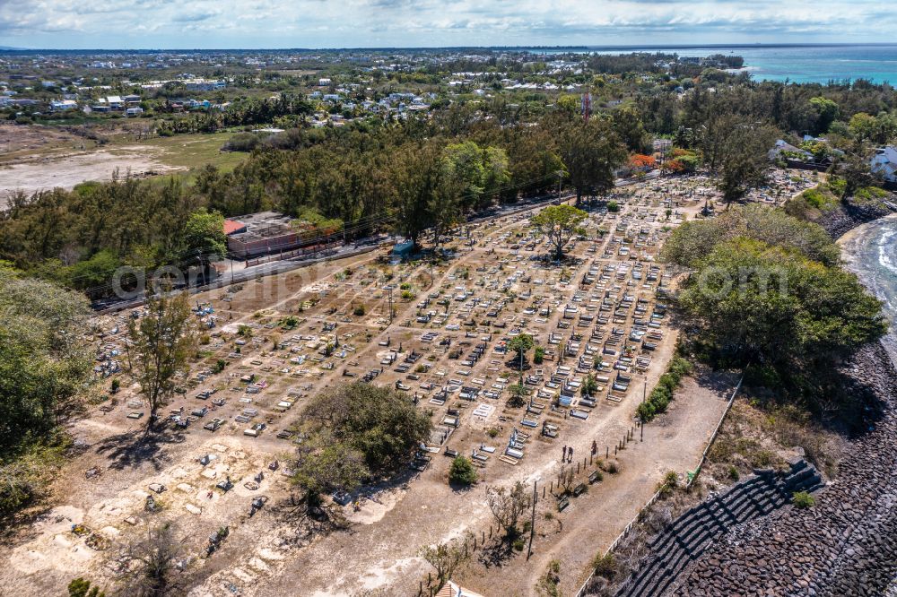 Cap Malheureux from the bird's eye view: Grave rows on the grounds of the cemetery Cap Malheureux Cemetery in Cap Malheureux in Riviere du Rempart District, Mauritius