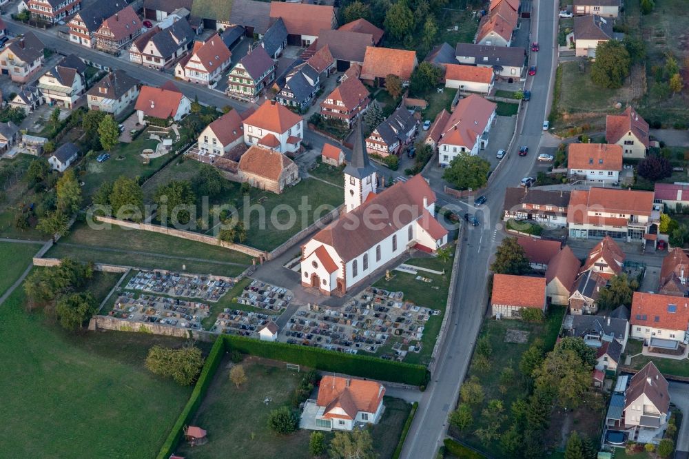 Aerial image Seebach - Grave rows on the grounds of the cemetery and catholic Church Saint-Martin in Seebach in Grand Est, France