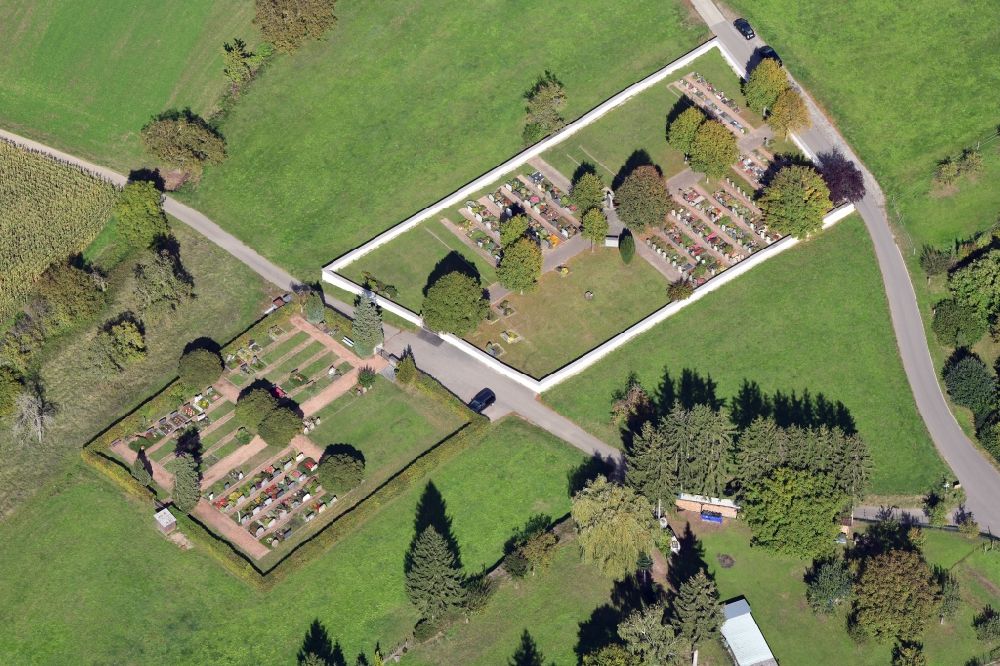 Kandern from above - Grave rows on the grounds of the cemetery in the district Wollbach in Kandern in the state Baden-Wurttemberg, Germany