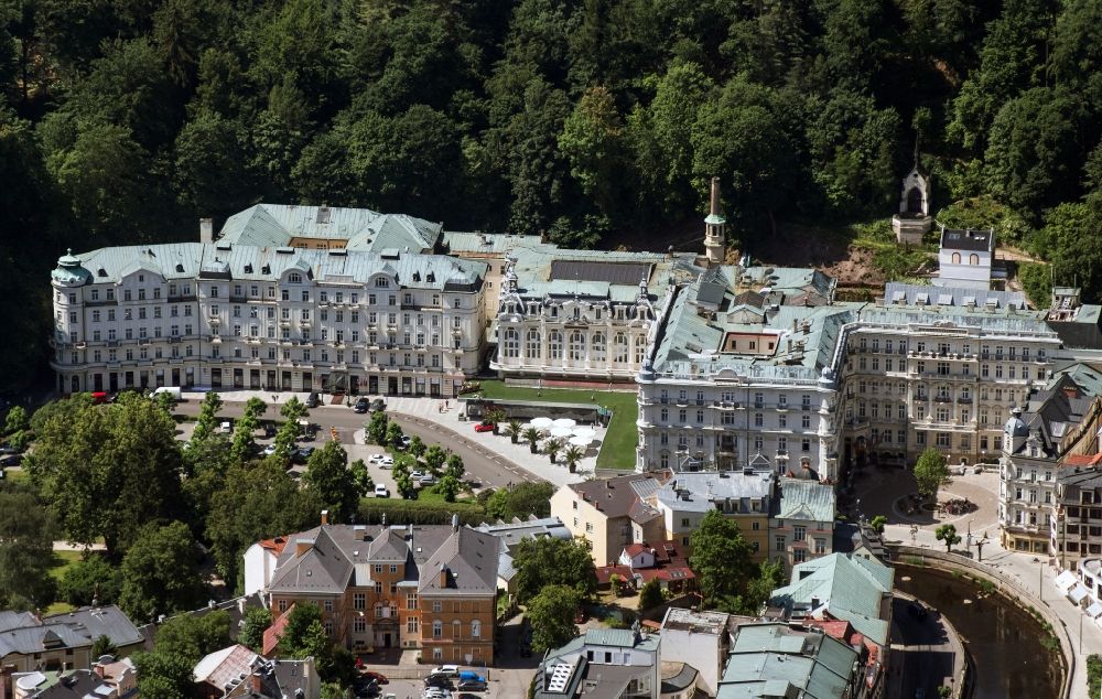 Karlsbad from above - Grandhotel Pupp in the old town of Karlsbad (Karlovy Vary) in the Czech Republic
