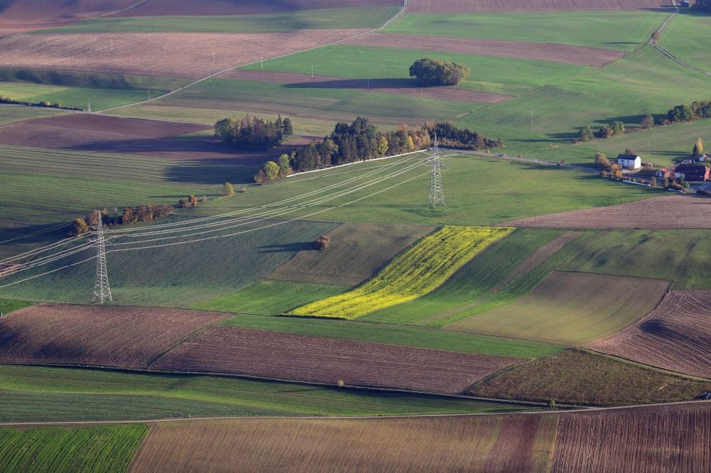 Stühlingen from above - Structures of a agricultural field and acre landscape on the Hotzenwald in the Black Forest at Stuehlingen in the state Baden-Wurttemberg, Germany