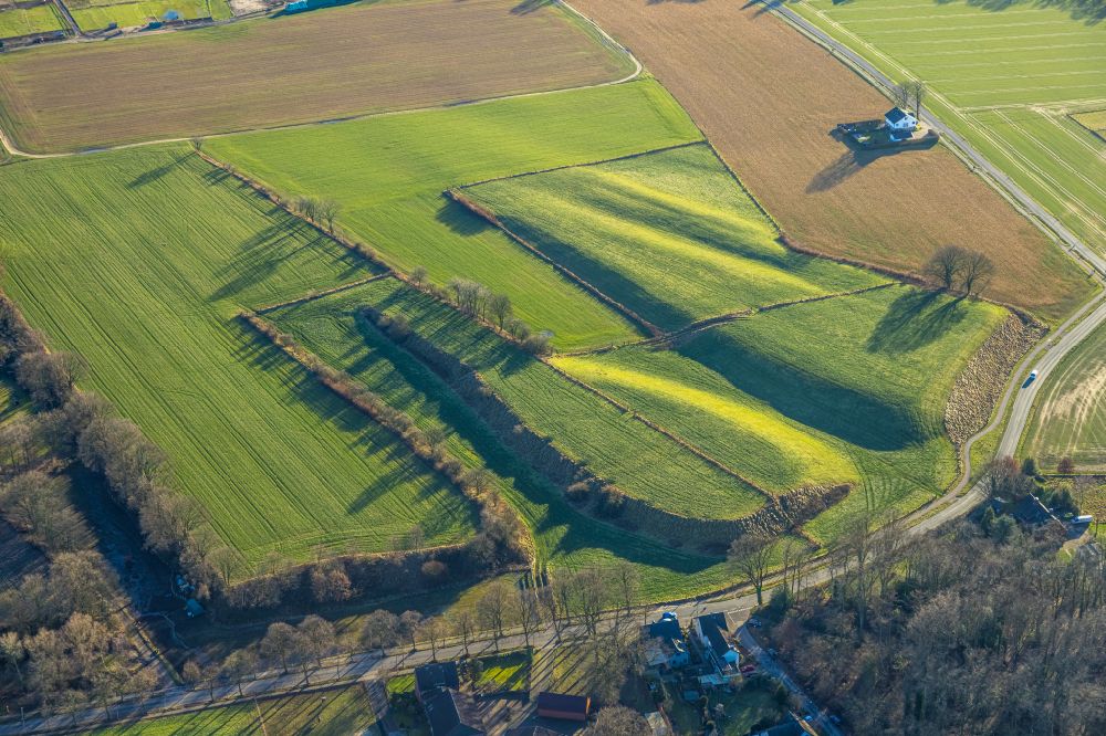 Aerial photograph Gelsenkirchen - Structures of a field landscape in the district Feldhausen in Gelsenkirchen at Ruhrgebiet in the state North Rhine-Westphalia, Germany