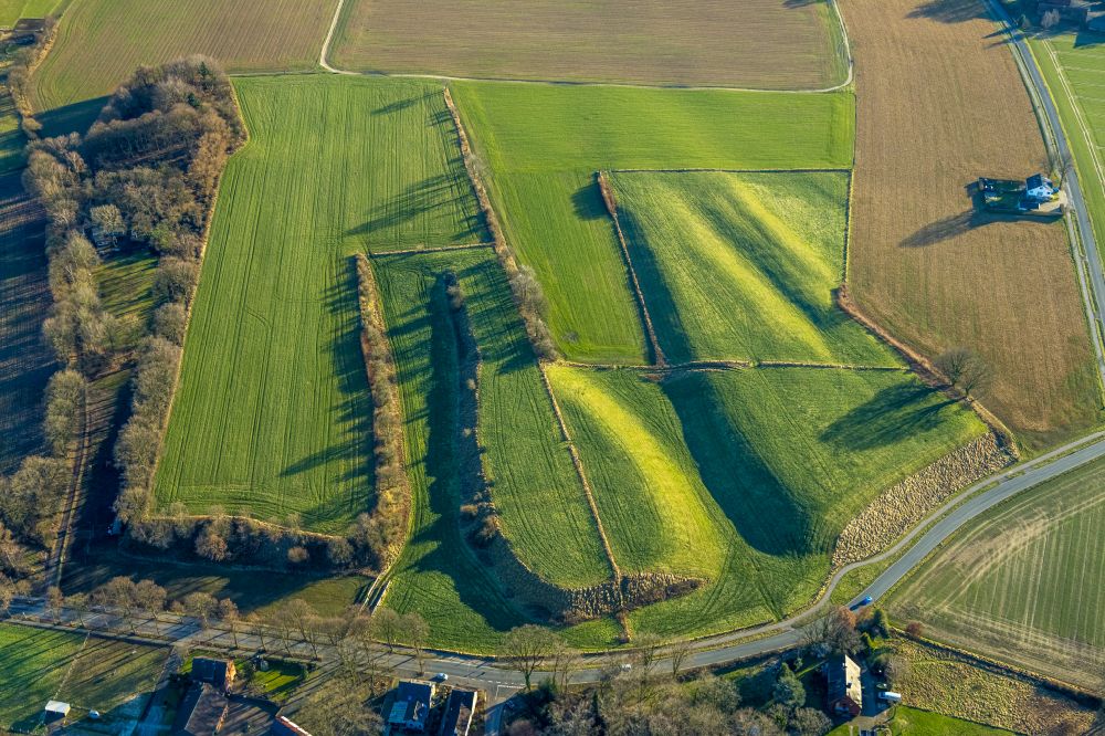 Gelsenkirchen from above - Structures of a field landscape in the district Feldhausen in Gelsenkirchen at Ruhrgebiet in the state North Rhine-Westphalia, Germany