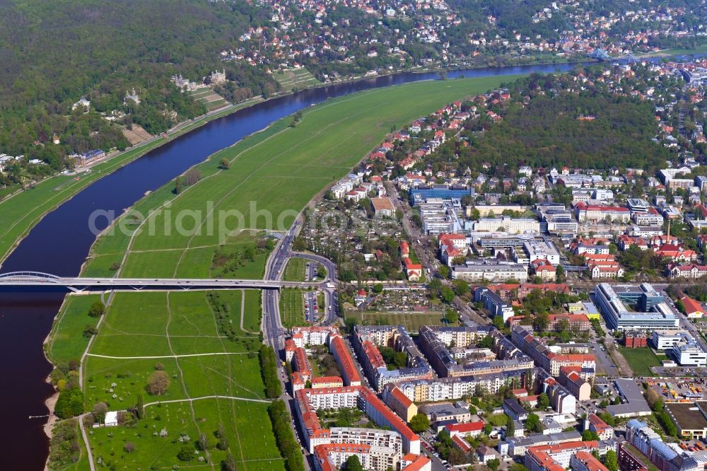 Dresden from the bird's eye view: Structures of a field landscape on the banks of the Elbe in the district Johannstadt in Dresden in the state Saxony, Germany