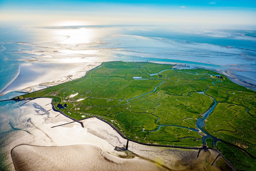 Langeneß from the bird's eye view: Green space structures a Hallig Landscape in Langeness in the state Schleswig-Holstein