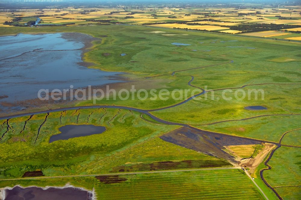 Aerial image Greetsiel - Grass area structures of a salt marsh landscape in Greetsiel in the state Lower Saxony, Germany