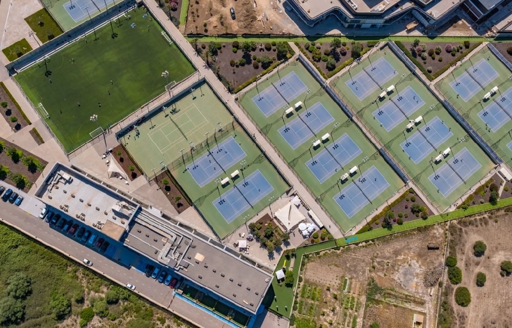 Aerial photograph Manacor - Green colored tennis sports complex of the Rafael Nadal Tenniszentrum of the R.N. Sport Center in Manacor in Balearic island of Mallorca, Spain