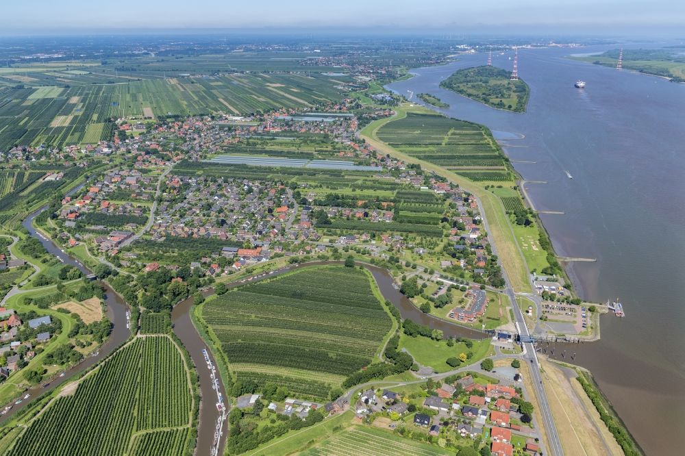 Grünendeich from above - Location in the fruit growing area Altes Land Gruenendeich Luehe in the state Niedersachsen, Germany