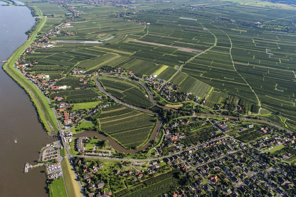 Grünendeich from the bird's eye view: Location in the fruit growing area Altes Land Gruenendeich Luehe in the state Niedersachsen, Germany