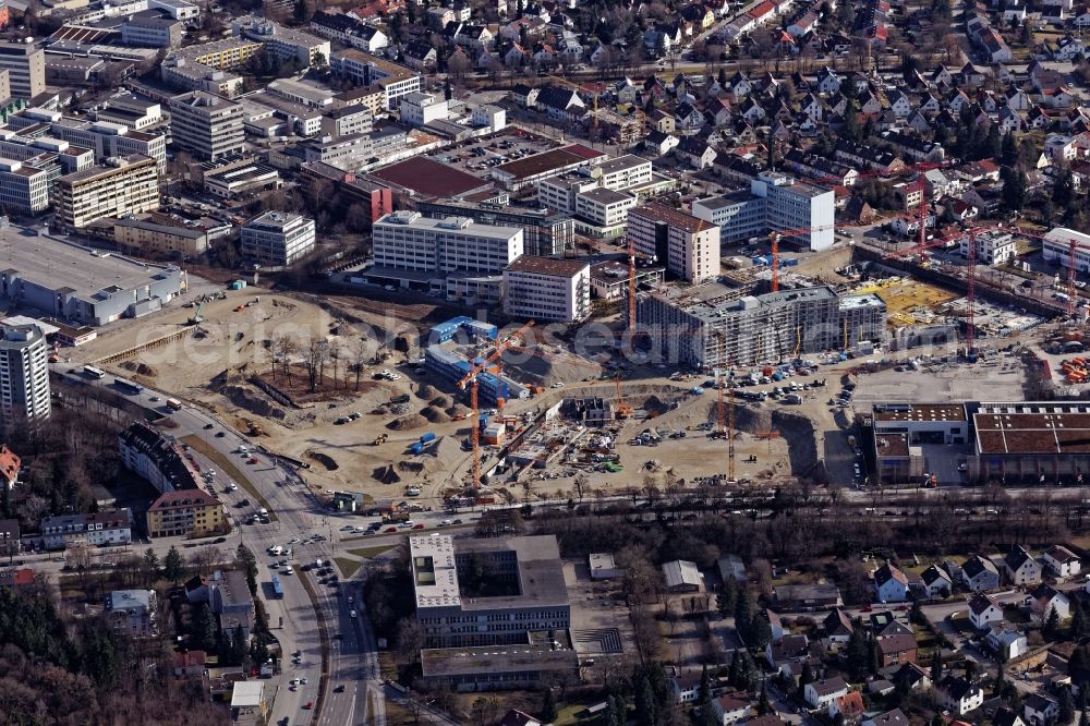 München from the bird's eye view: Construction site Am Suedpark to build a new multi-family residential complex in Munich Oberendling in the state of Bavaria on the former E.on site between Drygalskiallee, Boschetsrieder Strasse and Kistlerhofstrasse. Developers are Concept-Real two, Accumulata and the municipal housing construction company Gewofag