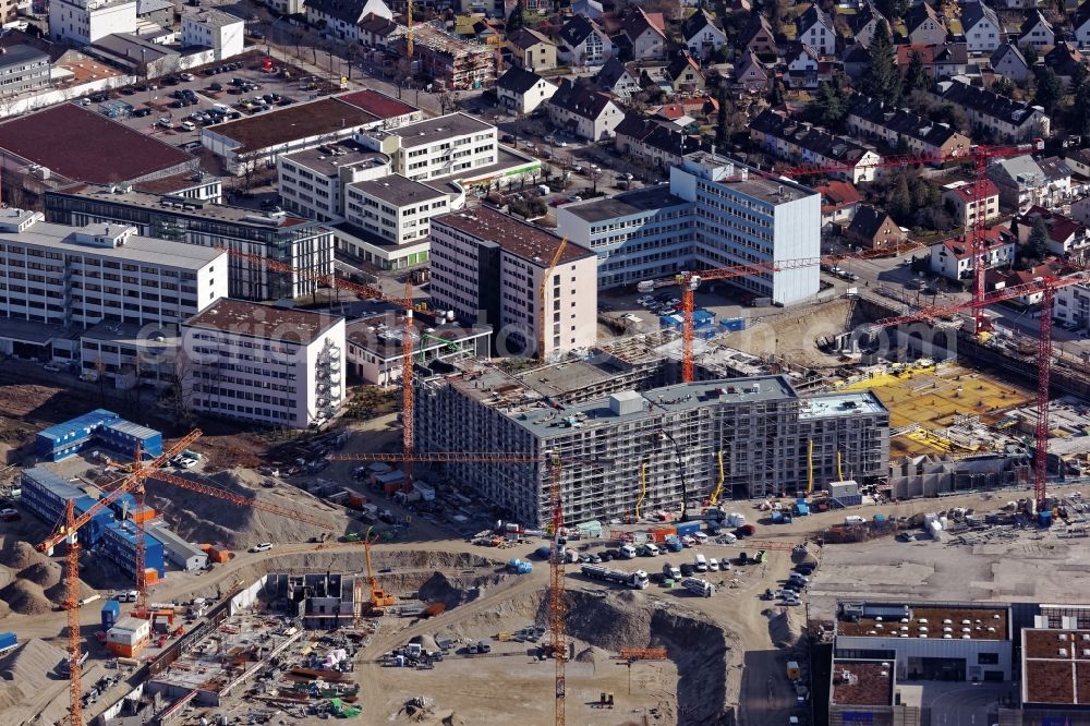 Aerial image München - Construction site Am Suedpark to build a new multi-family residential complex in Munich Oberendling in the state of Bavaria on the former E.on site between Drygalskiallee, Boschetsrieder Strasse and Kistlerhofstrasse. Developers are Concept-Real two, Accumulata and the municipal housing construction company Gewofag