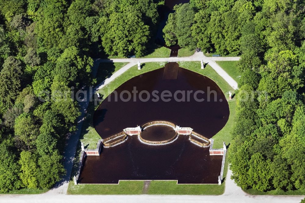 München from above - Artificial waterfall in the form of steps in the park of the castle Nymphenburg in Munich in the state Bavaria, Germany