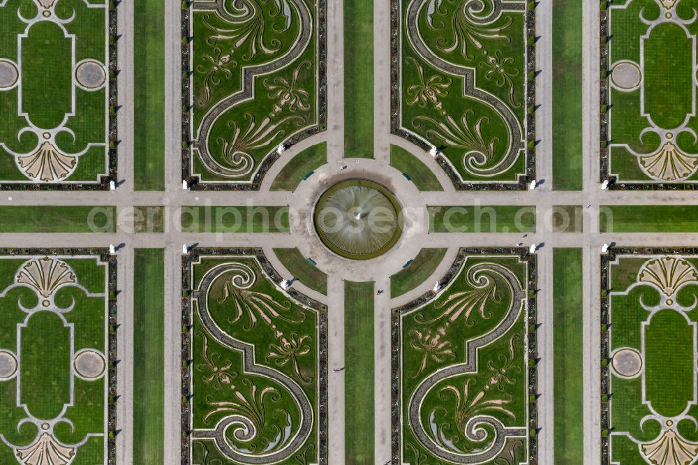 Hannover from above - The big garden in the part of town of Herrenhausen in Hannover in the federal state Lower Saxony. The baroque garden in the mansions street was established in the 17th century and exists of many Broderie scrutinise and the centrally situated bell jet