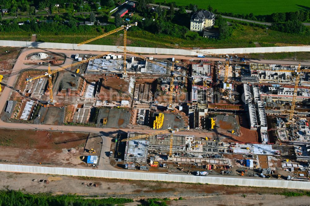 Zwickau from above - Construction site for the new construction of the large prison area and security fencing of the future correctional facility JVA on street Buelaustrasse in the district Marienthal in Zwickau in the state Saxony, Germany