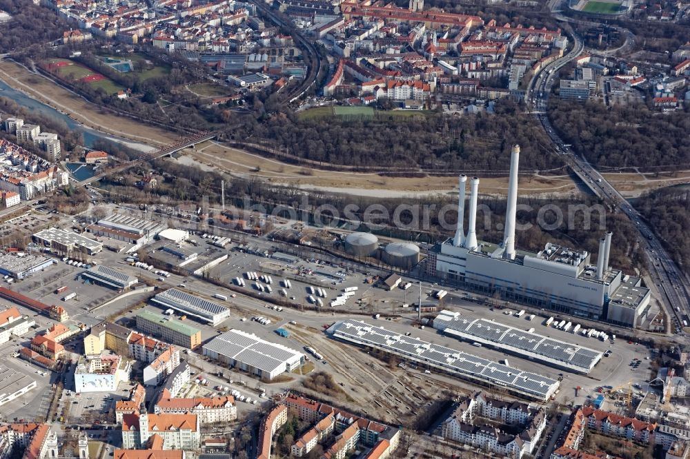 Aerial image München - Wholesale market and power plants of the Suedheizkraftwerk at Schaeftlarnstrasse in Munich Sendling in the state of Bavaria. The combined cycle gas and steam turbine power plant operated by Stadtwerken Munich, is used for waste incineration and district heating generation