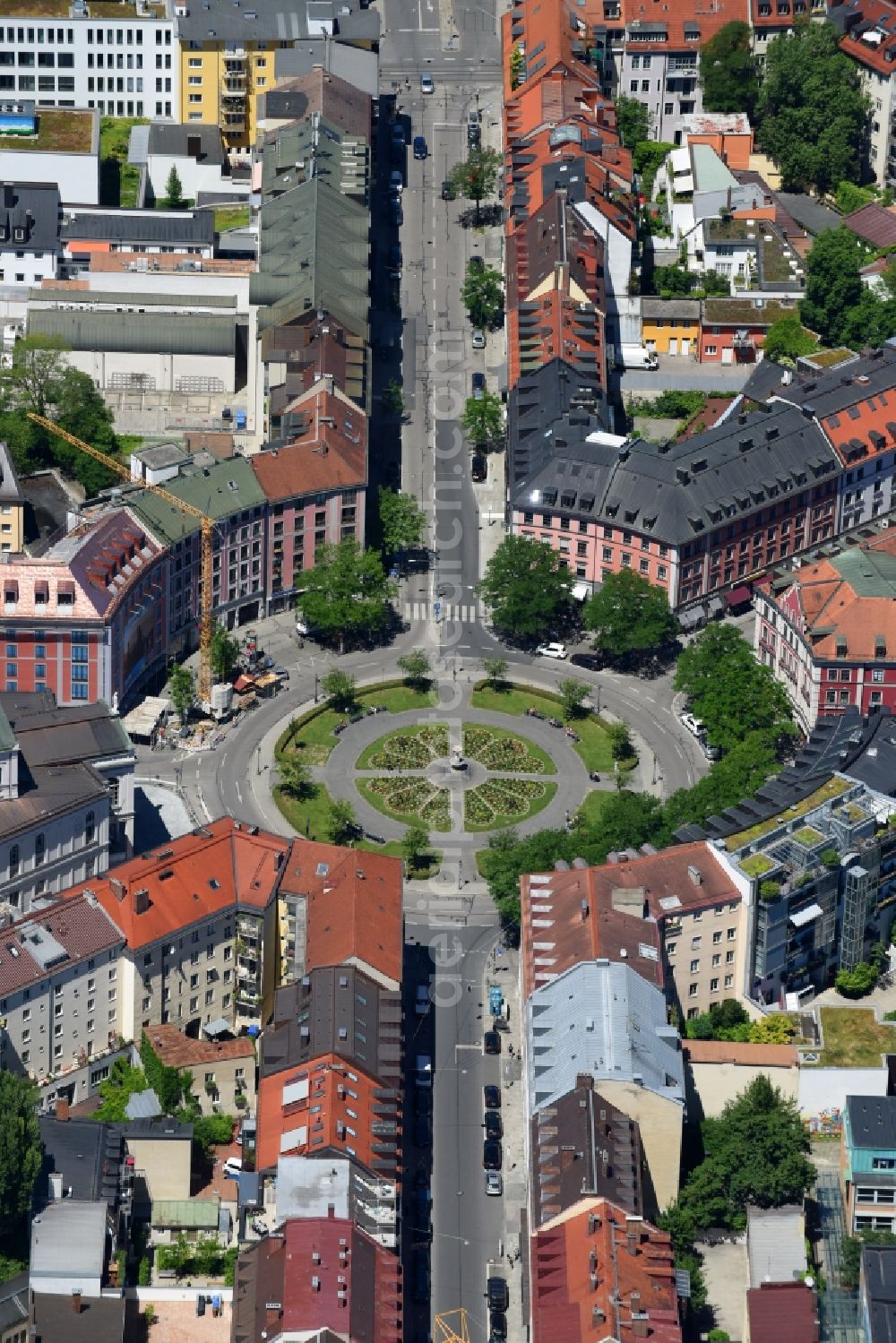 München from the bird's eye view: Gaertnerplatz in the inner city center in Munich in the state Bavaria