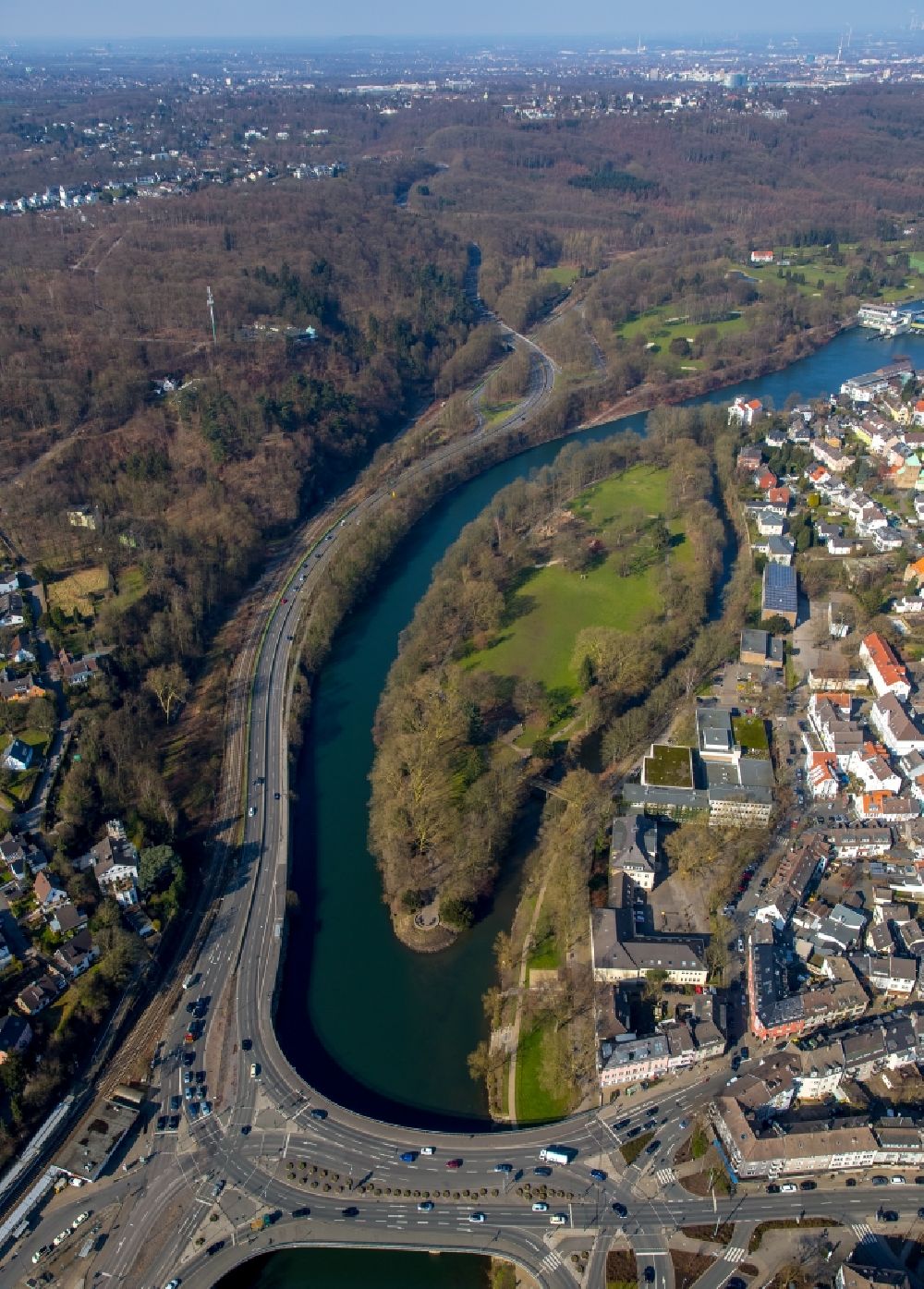 Essen from the bird's eye view: Gustav-Heinemann- Bridge across the river Ruhr in Werden in the state of North Rhine-Westphalia