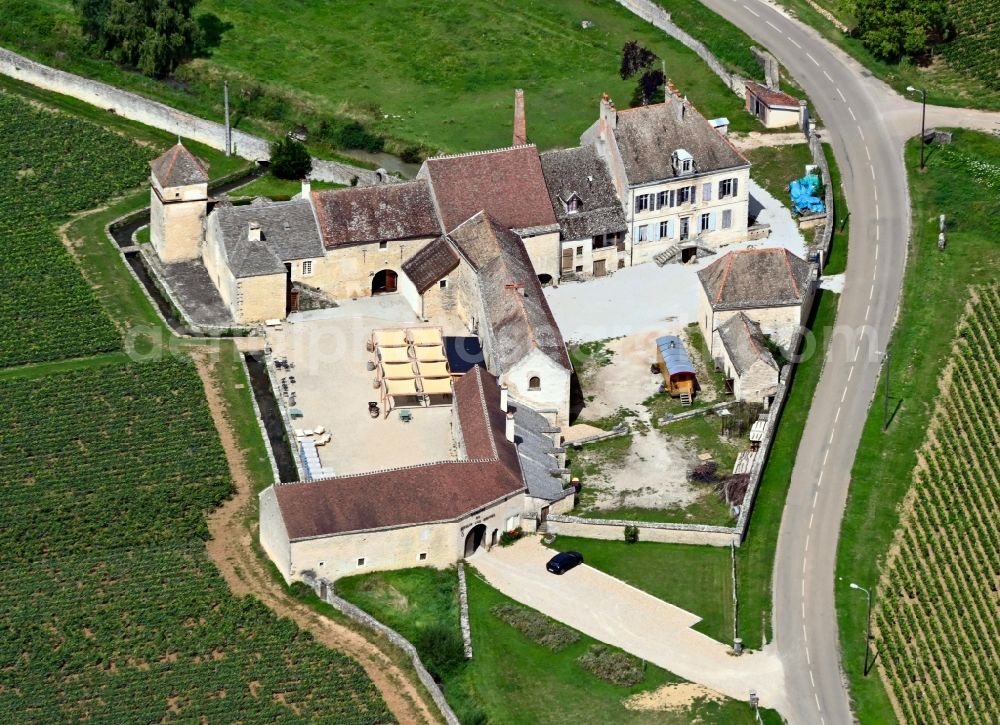 Meursault from the bird's eye view: Building and manor house of the farmhouse in Meursault in Bourgogne-Franche-Comte, France