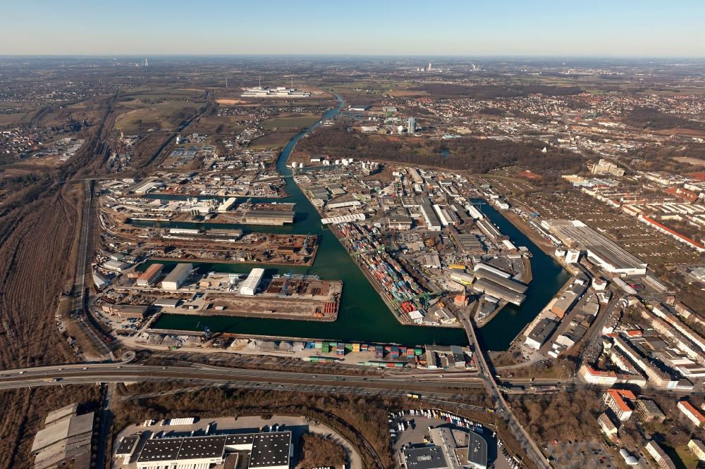 Dortmund from the bird's eye view: View of the harbour of Dortmund in the state of North Rhine-Westphalia
