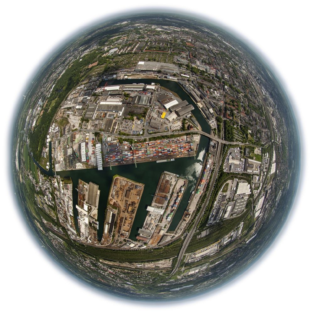 Aerial photograph Dortmund - Fish eye - view of the harbour of Dortmund in the state of North Rhine-Westphalia