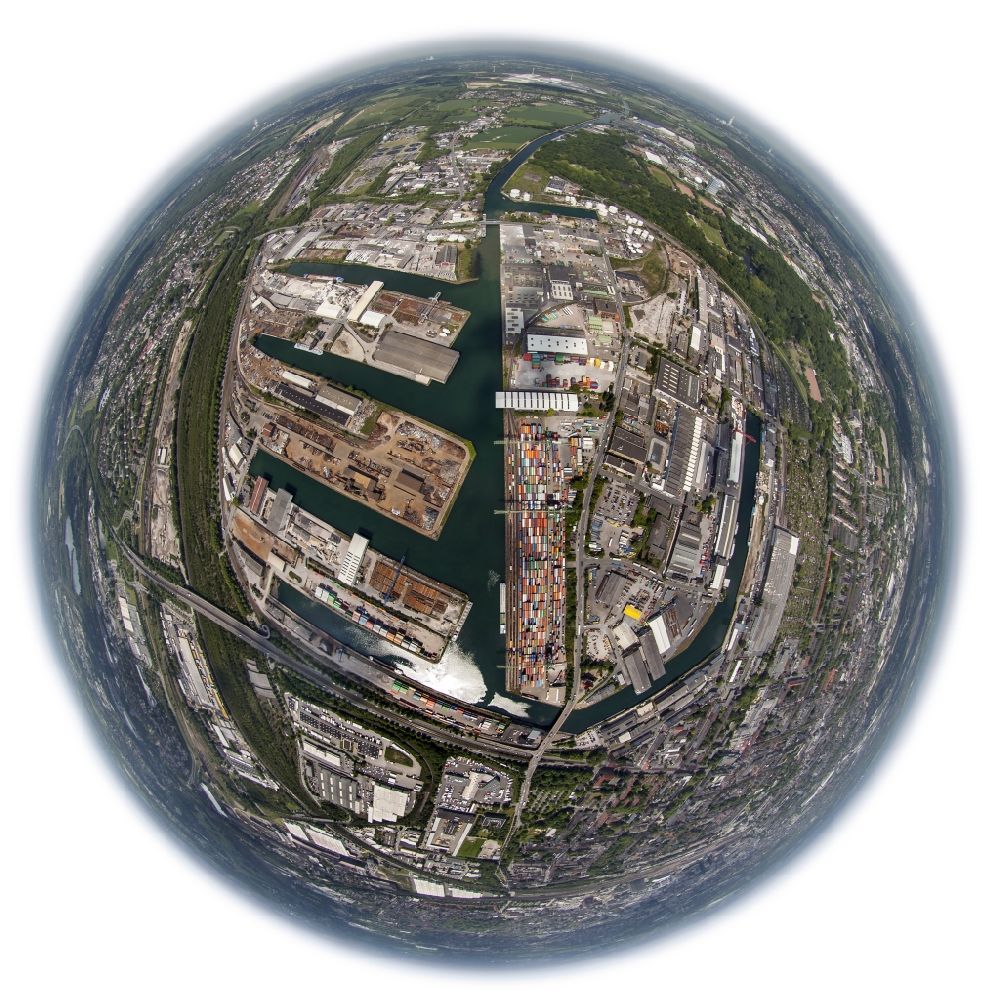 Dortmund from above - Fish eye - view of the harbour of Dortmund in the state of North Rhine-Westphalia