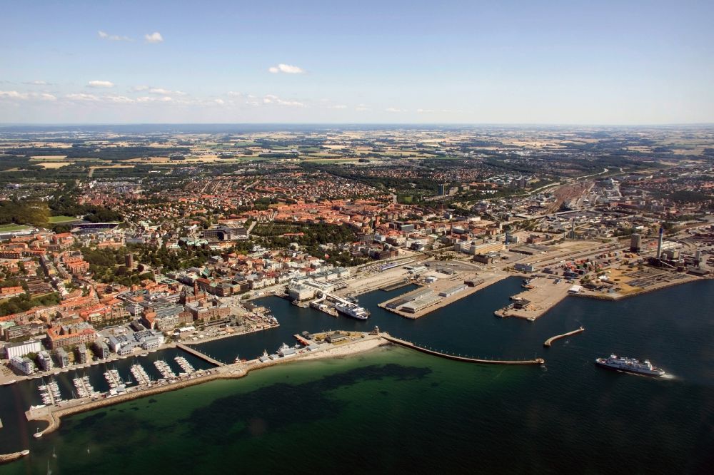 Helsingborg from the bird's eye view: Port of Helsingborg on the shores of Oresund in Schonen in Sweden