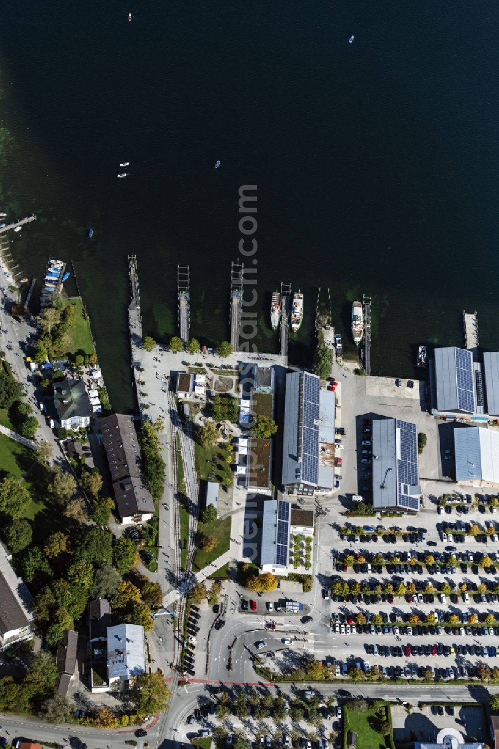 Prien am Chiemsee from the bird's eye view: Shore areas and harbour in Prien am Chiemsee in the state Bavaria, Germany