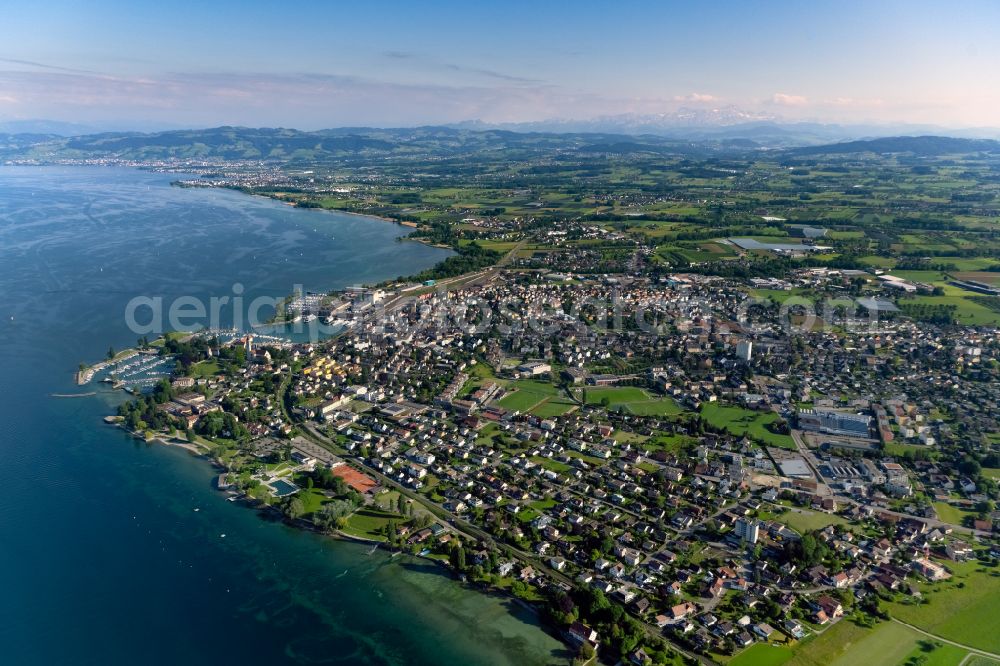 Romanshorn from above - View of the harbour of Romanshorn in the canton Thurgovia in the Switzerland. Furthermore you can see the Catholic Church of Romanshorn