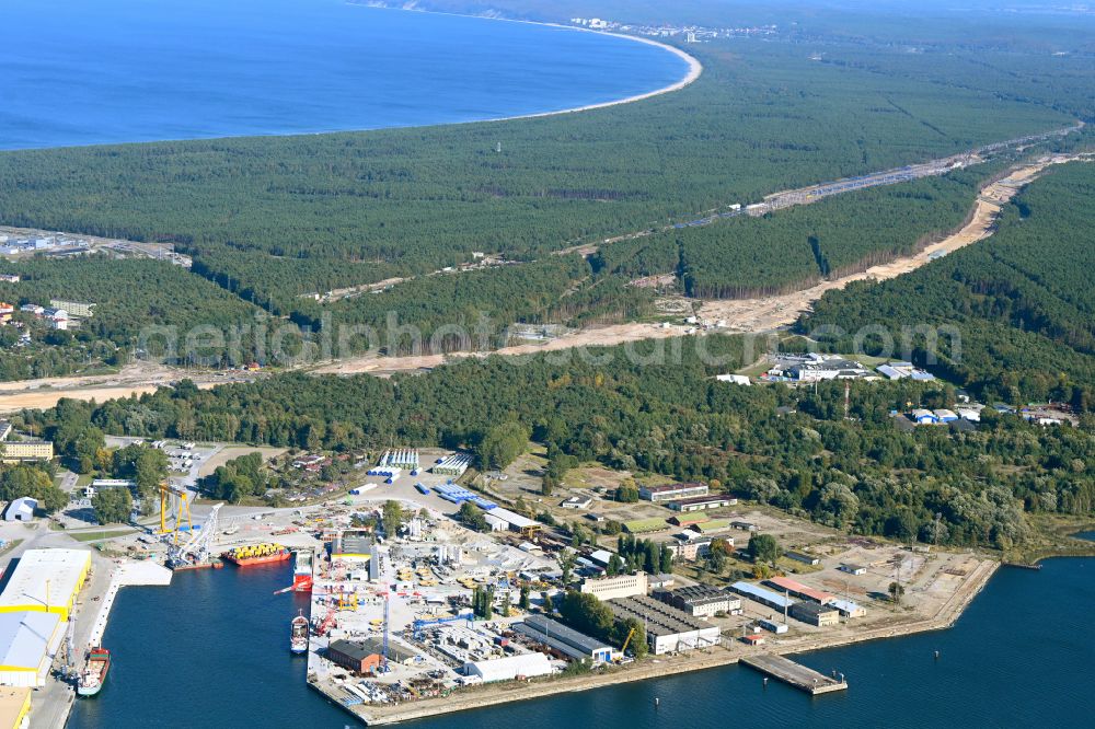 Swinemünde from above - Port facilities on the shores of the harbor of in Swinemuende in West Pomeranian, Poland