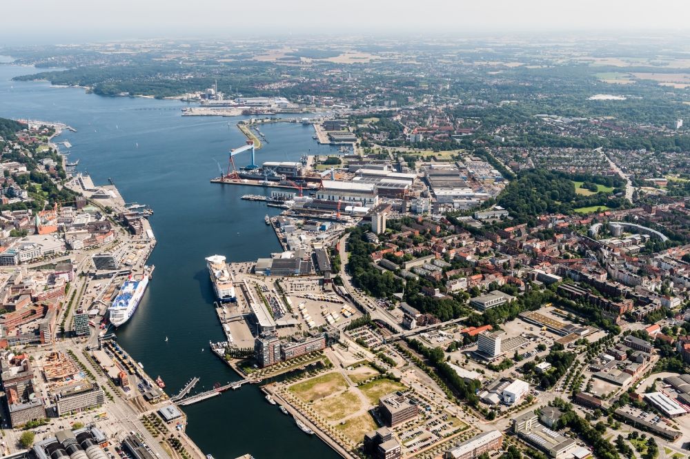Kiel from above - Docks with office building and freight forwarding and logistics companies in Kiel in the state Schleswig-Holstein
