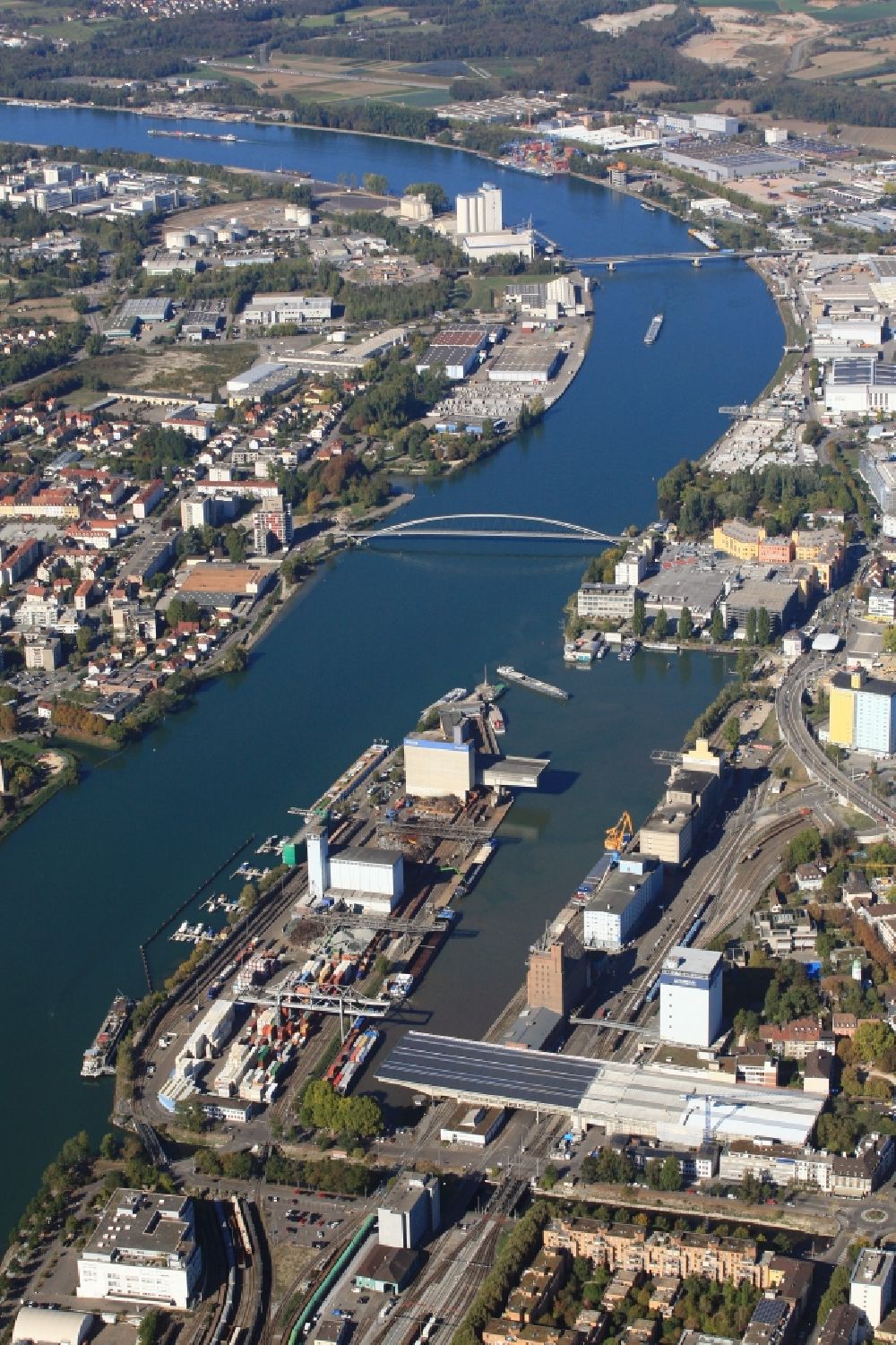 Aerial image Basel - Port facilities on the banks of the river Rhine in the border area of Germany, Switzerland and France in the district Kleinhueningen in Basel in Switzerland