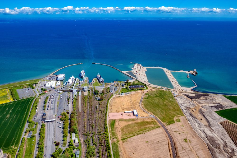 Fehmarn from above - Port facilities of the ferry port and construction site for the construction of the Fehmarnbelt Tunnel in Puttgarden on Fehmarn in the state Schleswig-Holstein, Germany