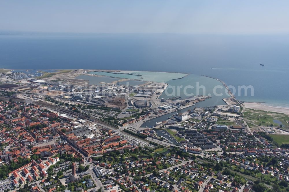 Køge from the bird's eye view: Port facilities on the seashore in Koege in Region Sjaelland, Denmark