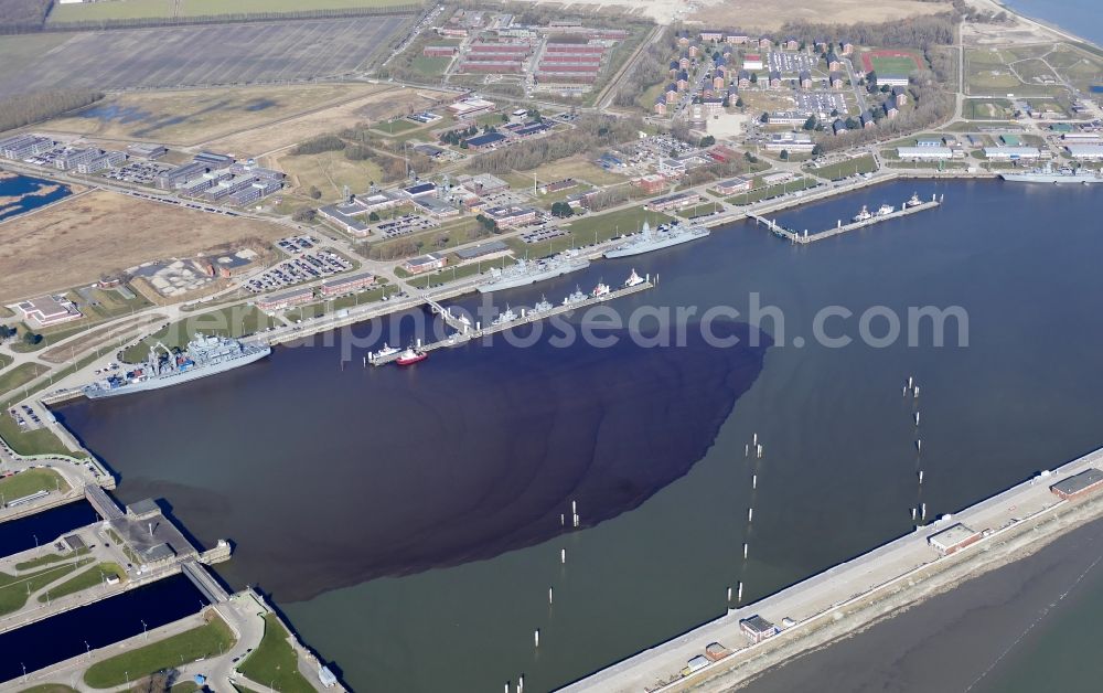 Wilhelmshaven from above - Port facilities of the naval base in Wilhelmshaven in the state Lower Saxony, Germany