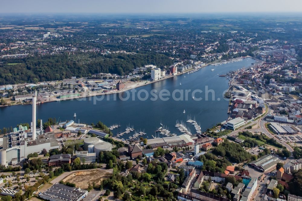 Flensburg from above - Port facilities on the sea coast on street Brauereiweg of Flensburg Fjord with power plant and marina in Galwik on street Brauereiweg in Flensburg in the state Schleswig-Holstein, Germany